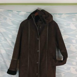 Hooded Natural Suede Full Long Coat with pleather trims and pockets, Brown sz.14